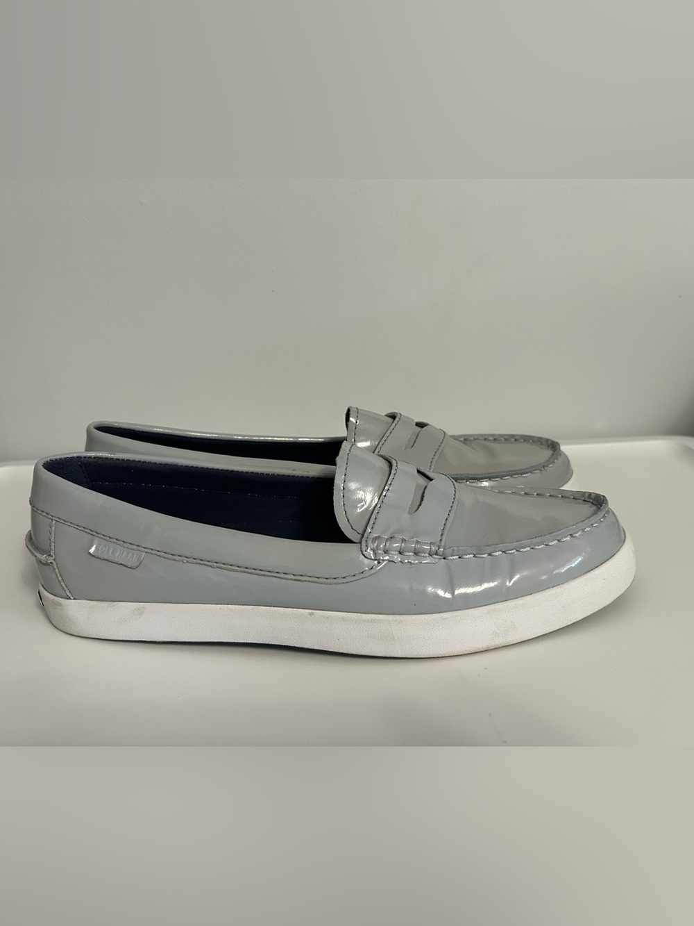 Cole Haan Light Gray Patent Penny Loafers with White Sole